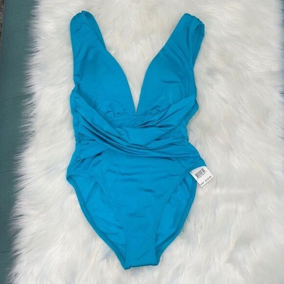 Trina Turk Womens Plunge Wrap Front One Piece Swimsuit Turquoise//Getaway Solids - Picture 3 of 10